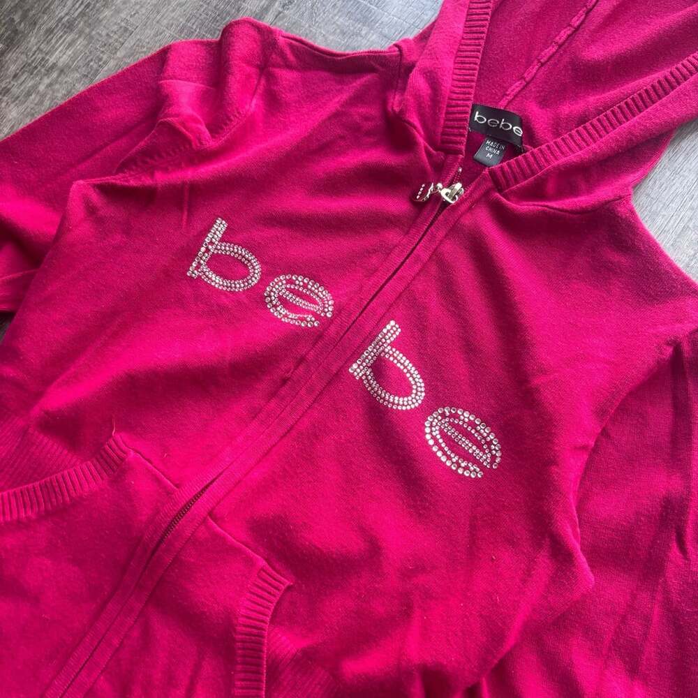 Vintage Bebe Rhinestone Bling Pink Zip-Up Knit Hoodie - Picture 2 of 5